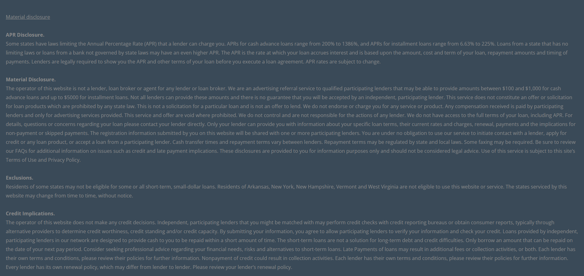 Material disclosure for payday loans in Chicago Illinois